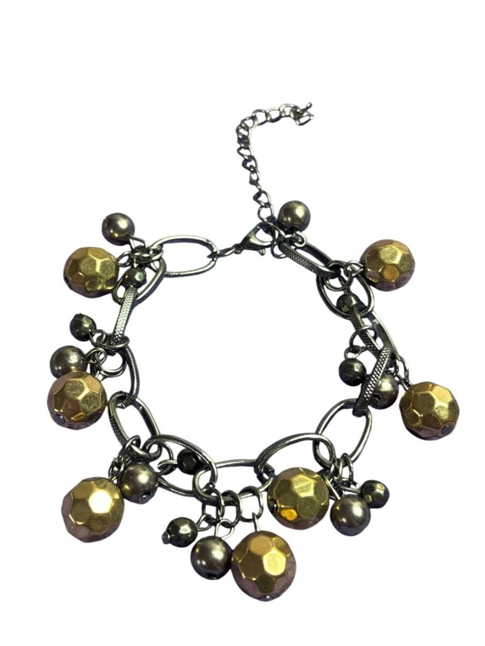 Gunmetal Chain Bracelet Goldtone Faceted Bead Fringe 6.75 - 9.25 inches Long
